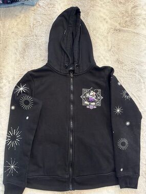 Disney Black Zip-Up Hoodie with Starburst Sleeve Print and Character Patch